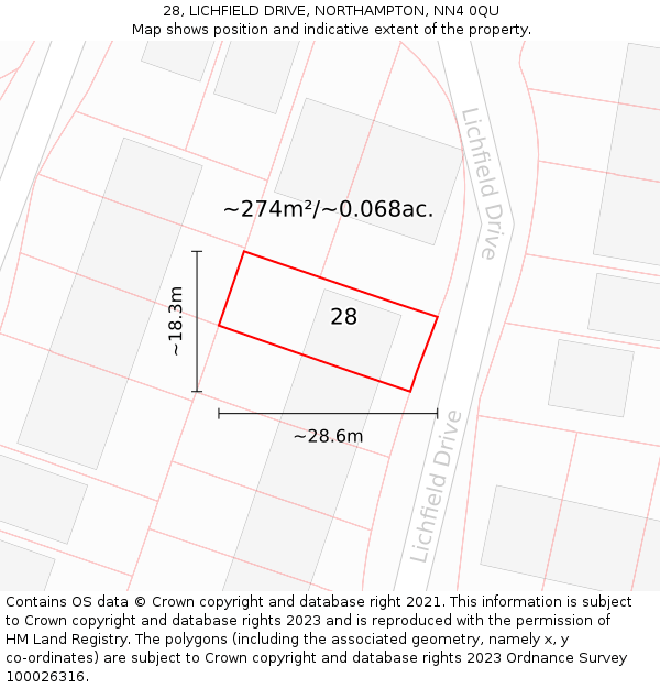 28, LICHFIELD DRIVE, NORTHAMPTON, NN4 0QU: Plot and title map