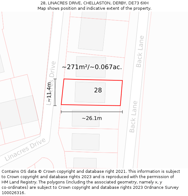 28, LINACRES DRIVE, CHELLASTON, DERBY, DE73 6XH: Plot and title map