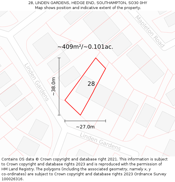 28, LINDEN GARDENS, HEDGE END, SOUTHAMPTON, SO30 0HY: Plot and title map