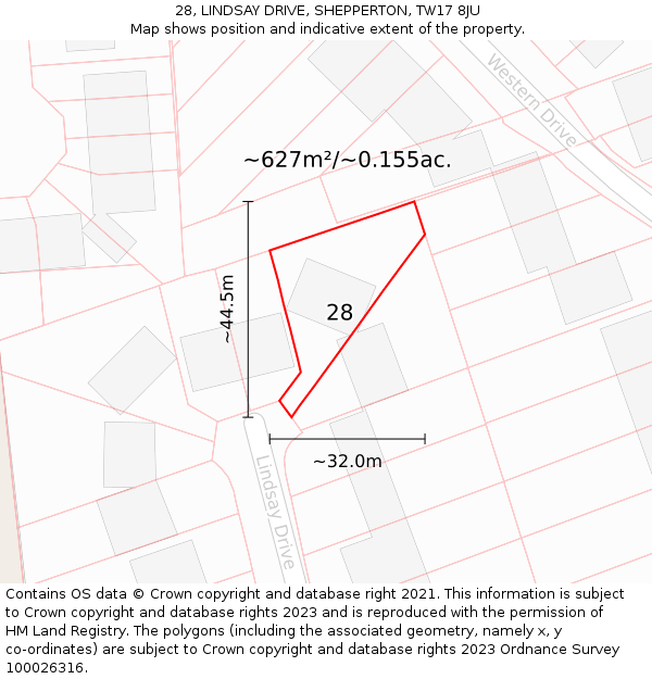 28, LINDSAY DRIVE, SHEPPERTON, TW17 8JU: Plot and title map