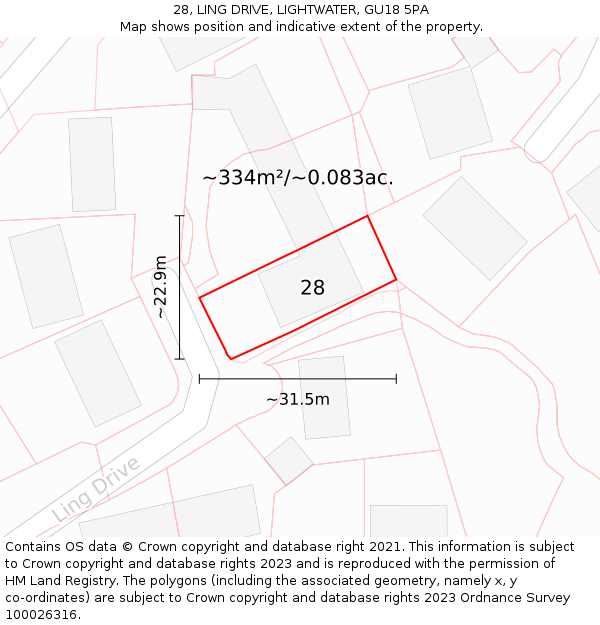 28, LING DRIVE, LIGHTWATER, GU18 5PA: Plot and title map