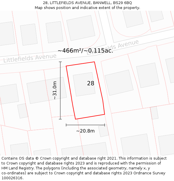 28, LITTLEFIELDS AVENUE, BANWELL, BS29 6BQ: Plot and title map