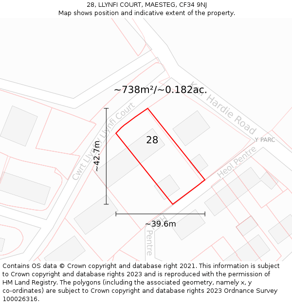 28, LLYNFI COURT, MAESTEG, CF34 9NJ: Plot and title map