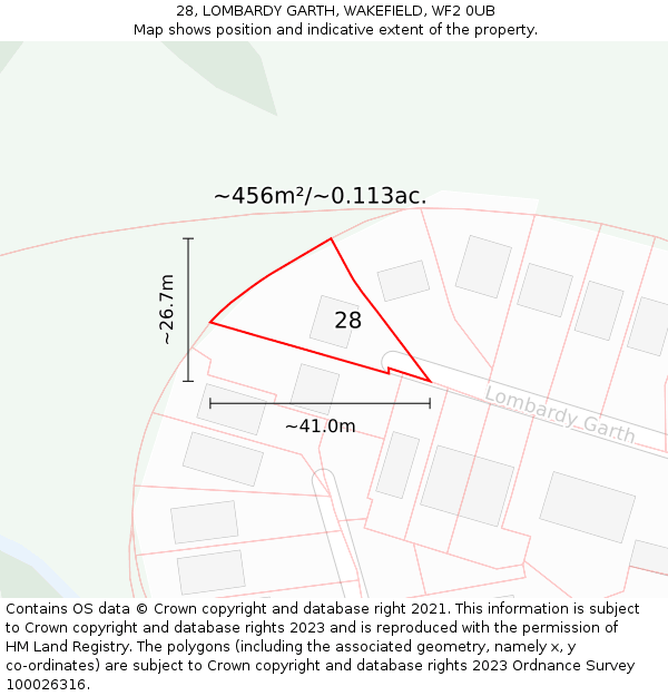 28, LOMBARDY GARTH, WAKEFIELD, WF2 0UB: Plot and title map