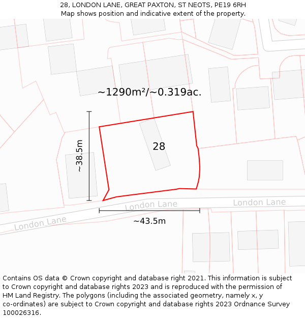 28, LONDON LANE, GREAT PAXTON, ST NEOTS, PE19 6RH: Plot and title map