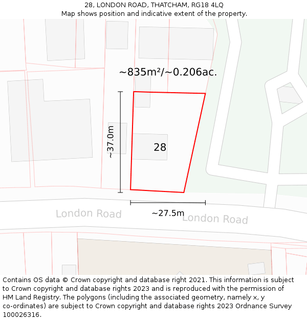 28, LONDON ROAD, THATCHAM, RG18 4LQ: Plot and title map