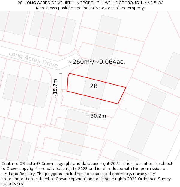 28, LONG ACRES DRIVE, IRTHLINGBOROUGH, WELLINGBOROUGH, NN9 5UW: Plot and title map