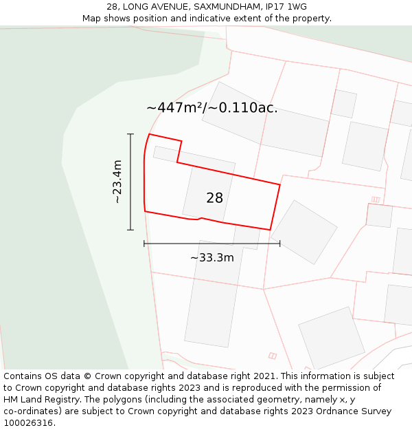 28, LONG AVENUE, SAXMUNDHAM, IP17 1WG: Plot and title map