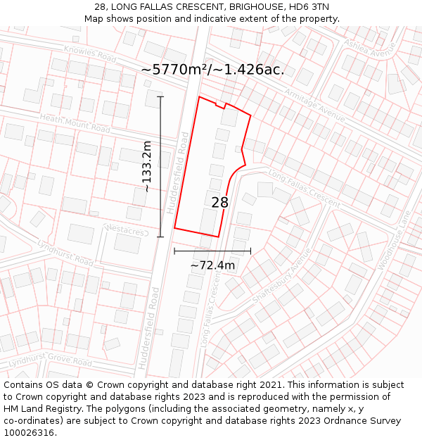 28, LONG FALLAS CRESCENT, BRIGHOUSE, HD6 3TN: Plot and title map