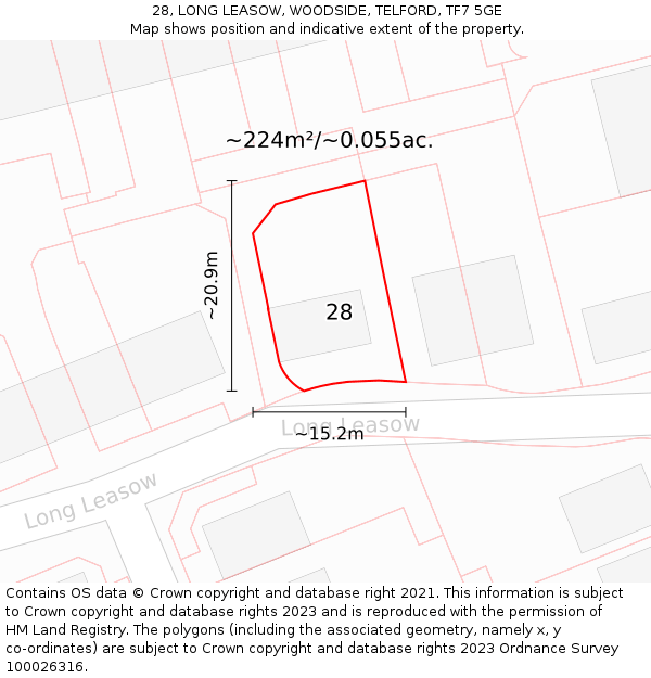 28, LONG LEASOW, WOODSIDE, TELFORD, TF7 5GE: Plot and title map