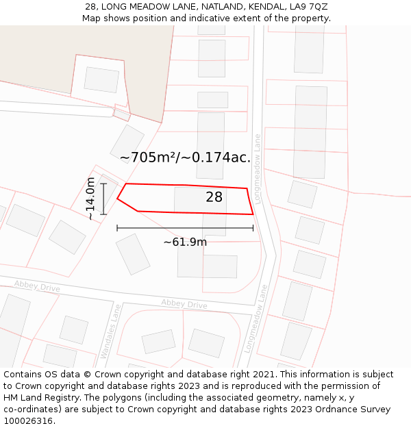 28, LONG MEADOW LANE, NATLAND, KENDAL, LA9 7QZ: Plot and title map