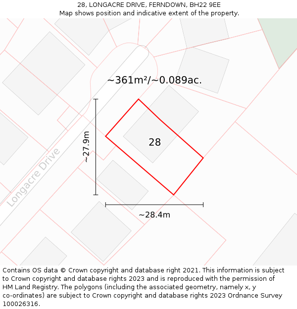 28, LONGACRE DRIVE, FERNDOWN, BH22 9EE: Plot and title map