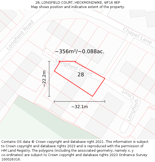 28, LONGFIELD COURT, HECKMONDWIKE, WF16 9EP: Plot and title map