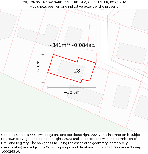 28, LONGMEADOW GARDENS, BIRDHAM, CHICHESTER, PO20 7HP: Plot and title map