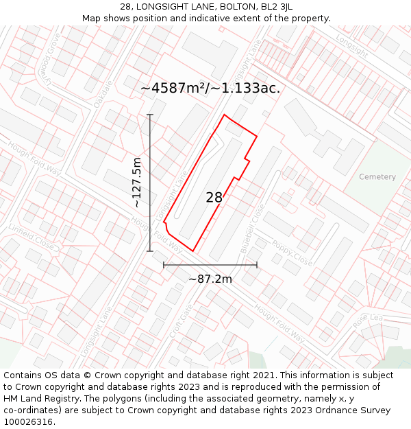 28, LONGSIGHT LANE, BOLTON, BL2 3JL: Plot and title map