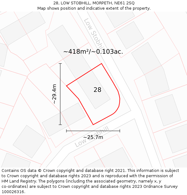 28, LOW STOBHILL, MORPETH, NE61 2SQ: Plot and title map