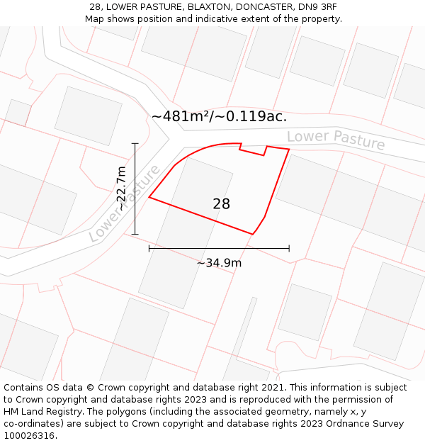 28, LOWER PASTURE, BLAXTON, DONCASTER, DN9 3RF: Plot and title map