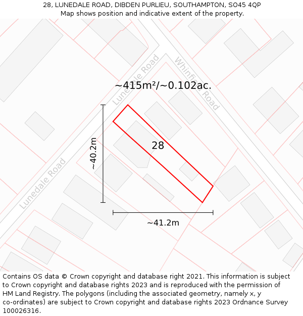 28, LUNEDALE ROAD, DIBDEN PURLIEU, SOUTHAMPTON, SO45 4QP: Plot and title map