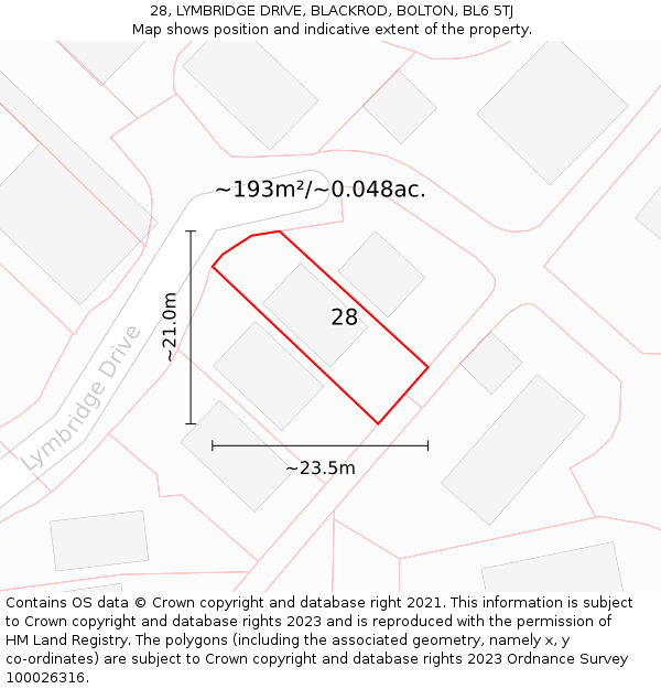 28, LYMBRIDGE DRIVE, BLACKROD, BOLTON, BL6 5TJ: Plot and title map