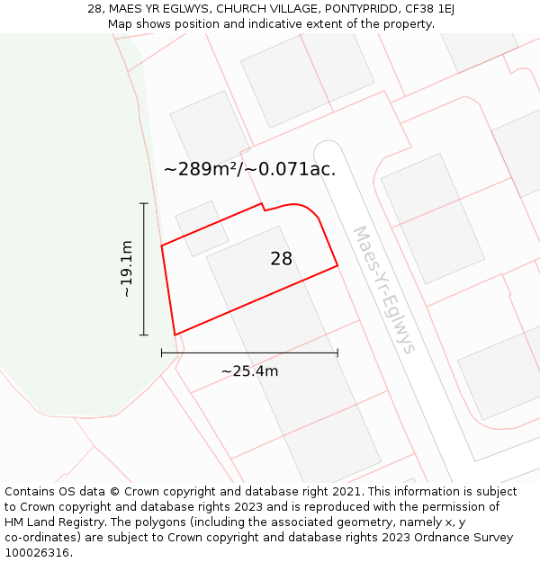 28, MAES YR EGLWYS, CHURCH VILLAGE, PONTYPRIDD, CF38 1EJ: Plot and title map