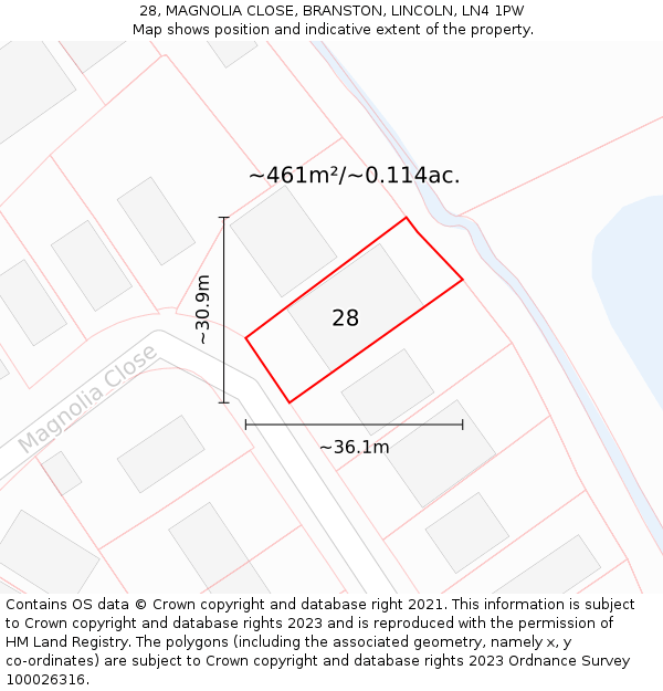 28, MAGNOLIA CLOSE, BRANSTON, LINCOLN, LN4 1PW: Plot and title map
