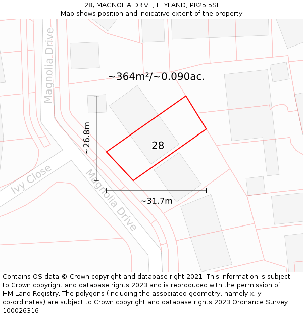 28, MAGNOLIA DRIVE, LEYLAND, PR25 5SF: Plot and title map