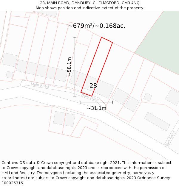 28, MAIN ROAD, DANBURY, CHELMSFORD, CM3 4NQ: Plot and title map