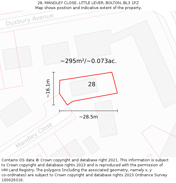 28, MANDLEY CLOSE, LITTLE LEVER, BOLTON, BL3 1PZ: Plot and title map