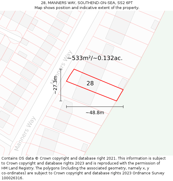 28, MANNERS WAY, SOUTHEND-ON-SEA, SS2 6PT: Plot and title map