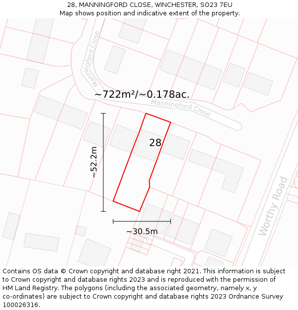 28, MANNINGFORD CLOSE, WINCHESTER, SO23 7EU: Plot and title map