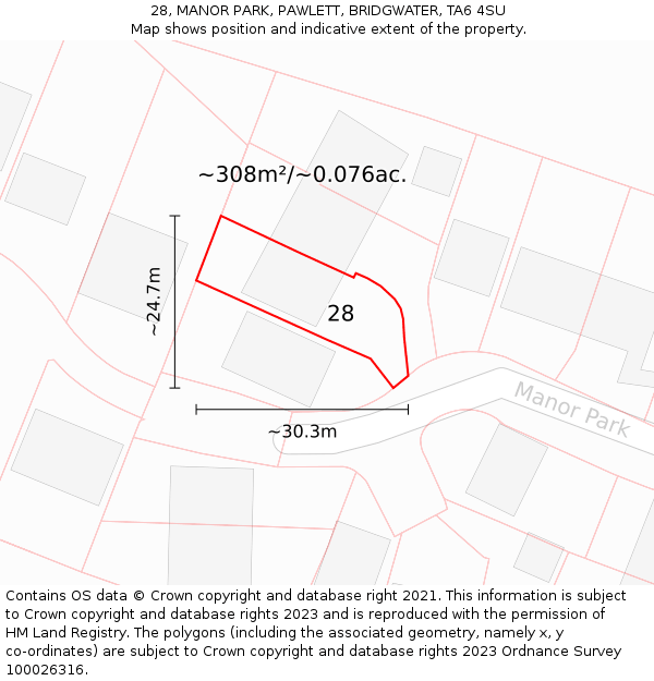 28, MANOR PARK, PAWLETT, BRIDGWATER, TA6 4SU: Plot and title map