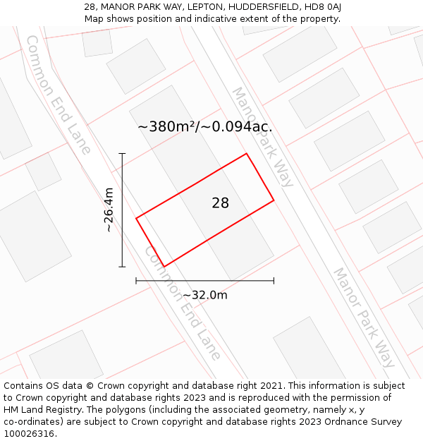 28, MANOR PARK WAY, LEPTON, HUDDERSFIELD, HD8 0AJ: Plot and title map