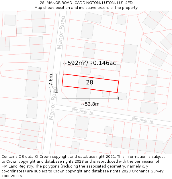 28, MANOR ROAD, CADDINGTON, LUTON, LU1 4ED: Plot and title map