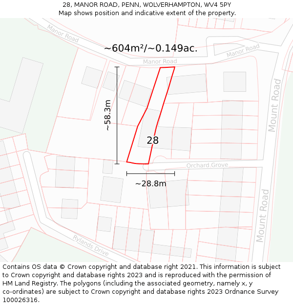 28, MANOR ROAD, PENN, WOLVERHAMPTON, WV4 5PY: Plot and title map