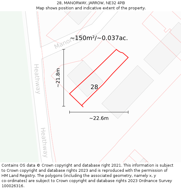 28, MANORWAY, JARROW, NE32 4PB: Plot and title map