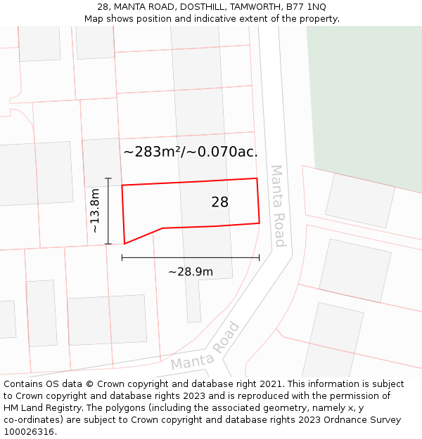 28, MANTA ROAD, DOSTHILL, TAMWORTH, B77 1NQ: Plot and title map