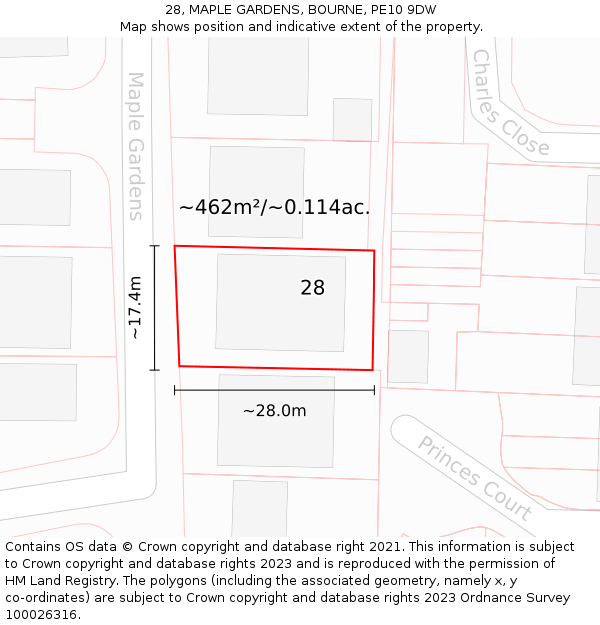 28, MAPLE GARDENS, BOURNE, PE10 9DW: Plot and title map