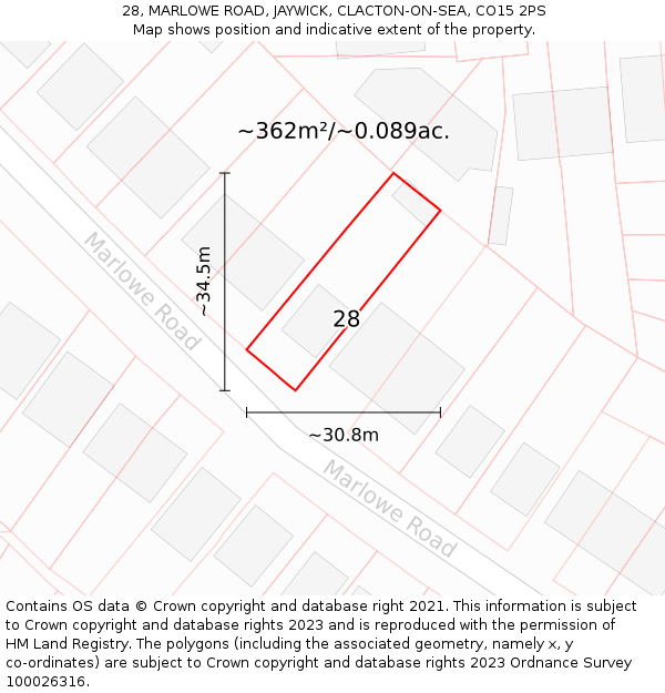 28, MARLOWE ROAD, JAYWICK, CLACTON-ON-SEA, CO15 2PS: Plot and title map