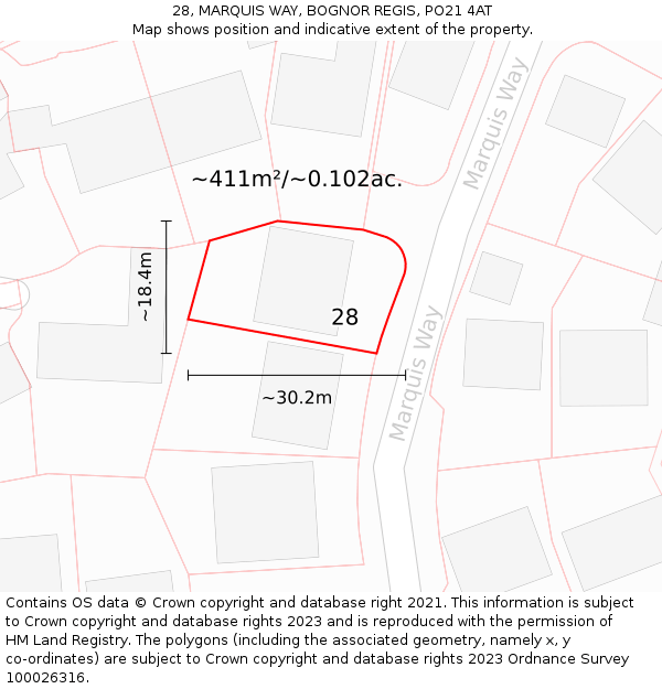 28, MARQUIS WAY, BOGNOR REGIS, PO21 4AT: Plot and title map