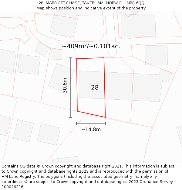 28, MARRIOTT CHASE, TAVERHAM, NORWICH, NR8 6QQ: Plot and title map