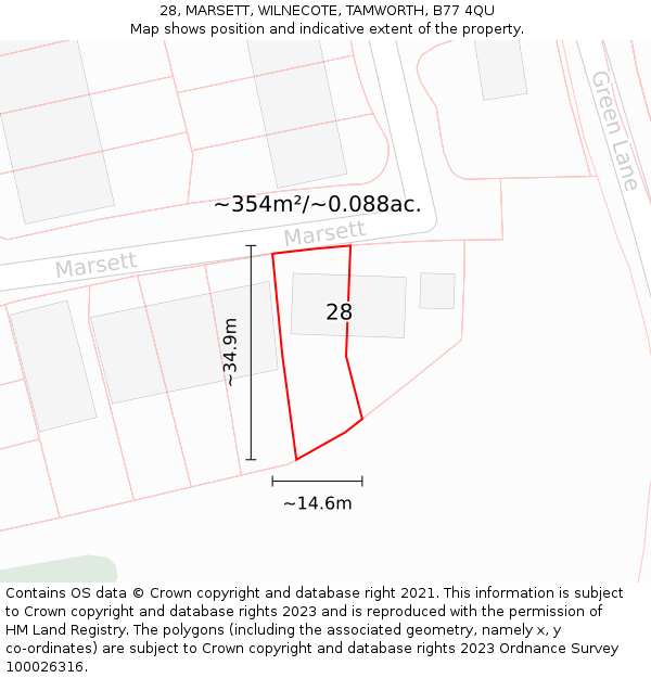 28, MARSETT, WILNECOTE, TAMWORTH, B77 4QU: Plot and title map