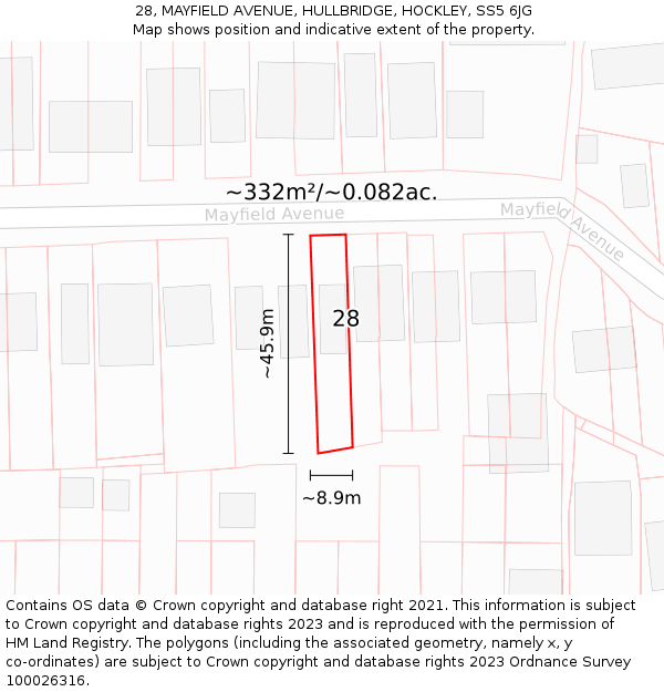 28, MAYFIELD AVENUE, HULLBRIDGE, HOCKLEY, SS5 6JG: Plot and title map