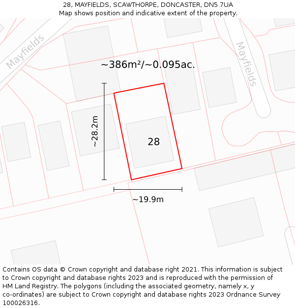 28, MAYFIELDS, SCAWTHORPE, DONCASTER, DN5 7UA: Plot and title map