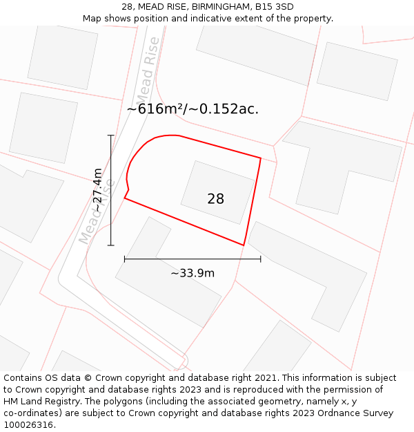 28, MEAD RISE, BIRMINGHAM, B15 3SD: Plot and title map