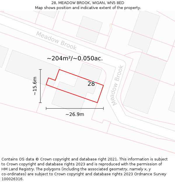 28, MEADOW BROOK, WIGAN, WN5 8ED: Plot and title map