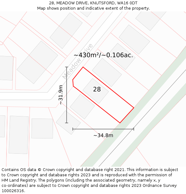 28, MEADOW DRIVE, KNUTSFORD, WA16 0DT: Plot and title map