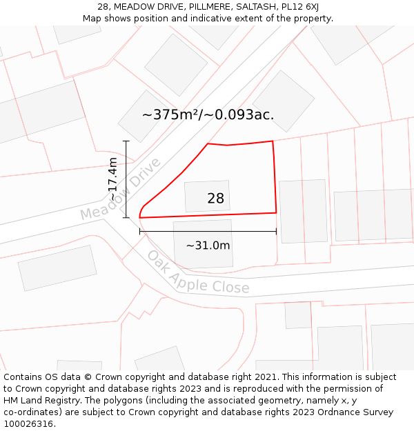 28, MEADOW DRIVE, PILLMERE, SALTASH, PL12 6XJ: Plot and title map