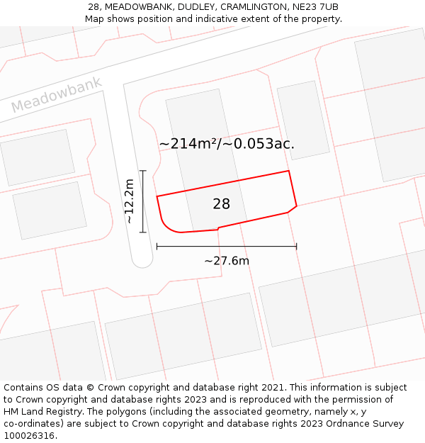 28, MEADOWBANK, DUDLEY, CRAMLINGTON, NE23 7UB: Plot and title map