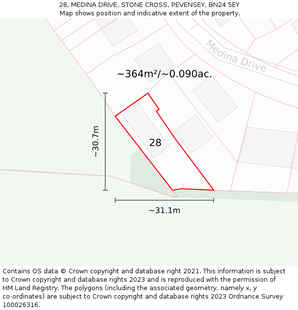 28, MEDINA DRIVE, STONE CROSS, PEVENSEY, BN24 5EY: Plot and title map