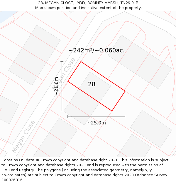 28, MEGAN CLOSE, LYDD, ROMNEY MARSH, TN29 9LB: Plot and title map